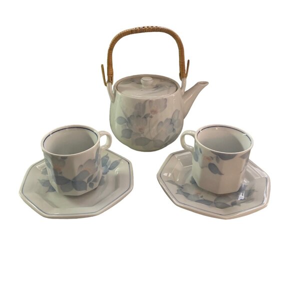 Vintage Teapot Teacup Set Saucer White Blue Floral Print Wicker Handle - Picture 1 of 8